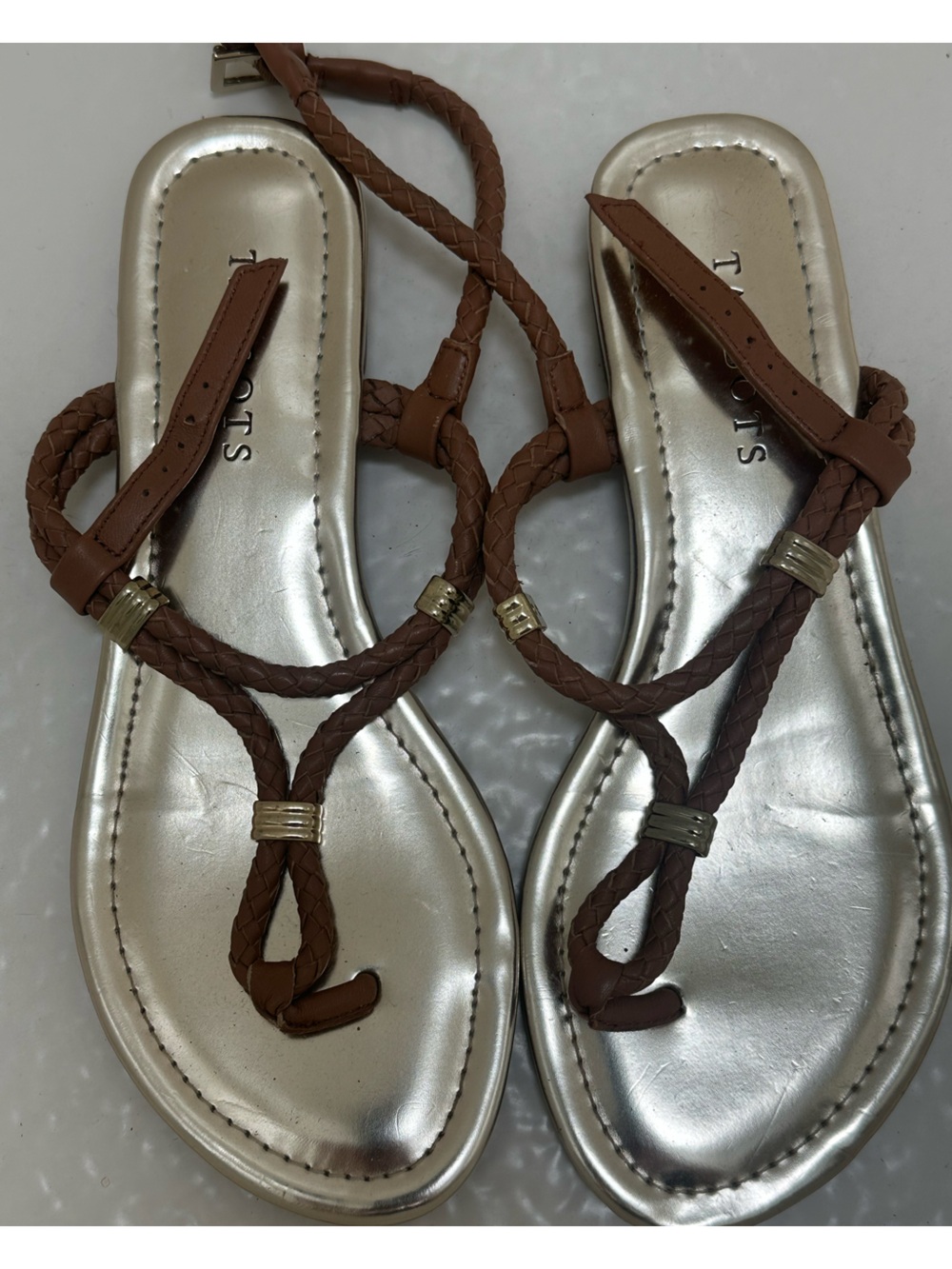 Brown Braided Leather women’s T-Strap Sandals by Talbots